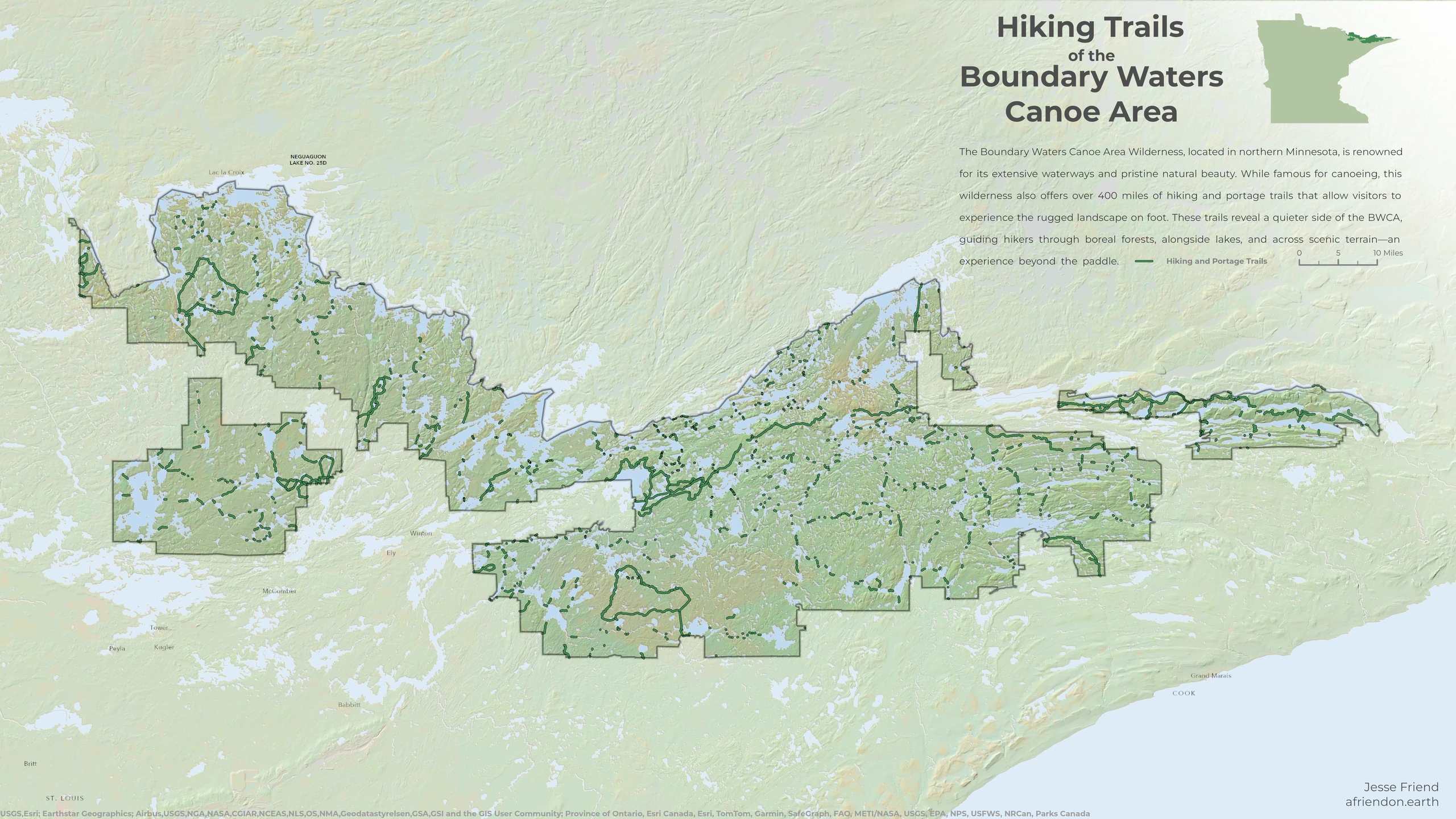Map of the Boundary Waters Canoe Area Wilderness in northern Minnesota, with hiking and portage trails over a hillshade and imagery basemap