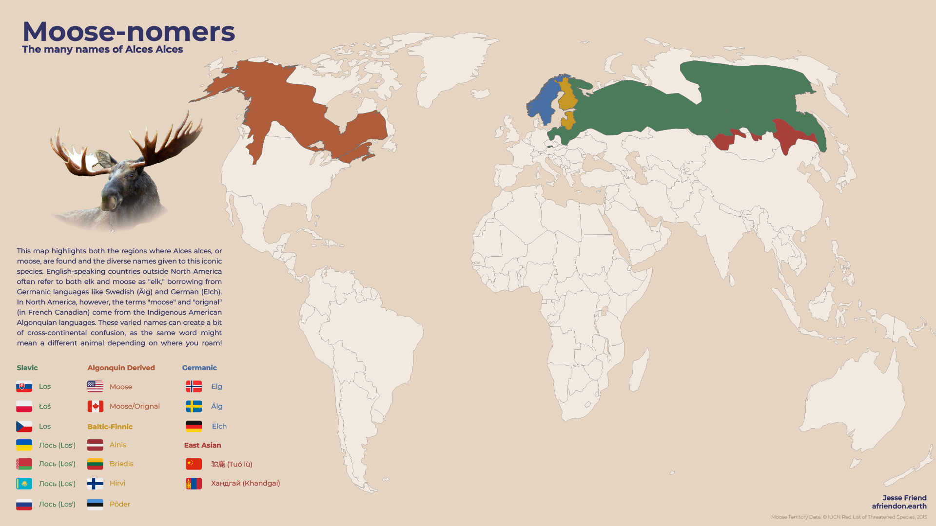World map of moose range across North America, Scandinavia, and Russia, colored by the language family of each region’s name for the animal, with a legend of names such as Moose, Elch, Älg, Los, and Hirvi